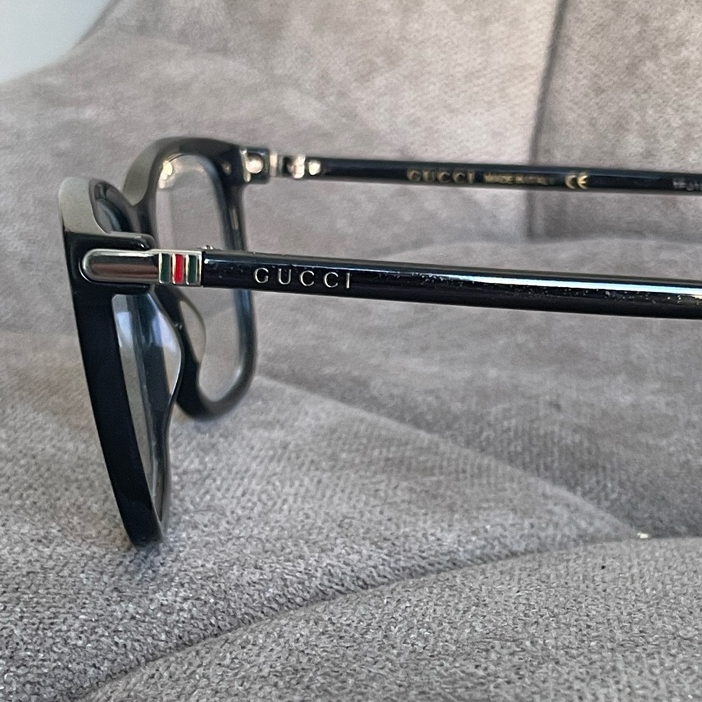 Black Gucci glasses with blue light lenses, no prescription